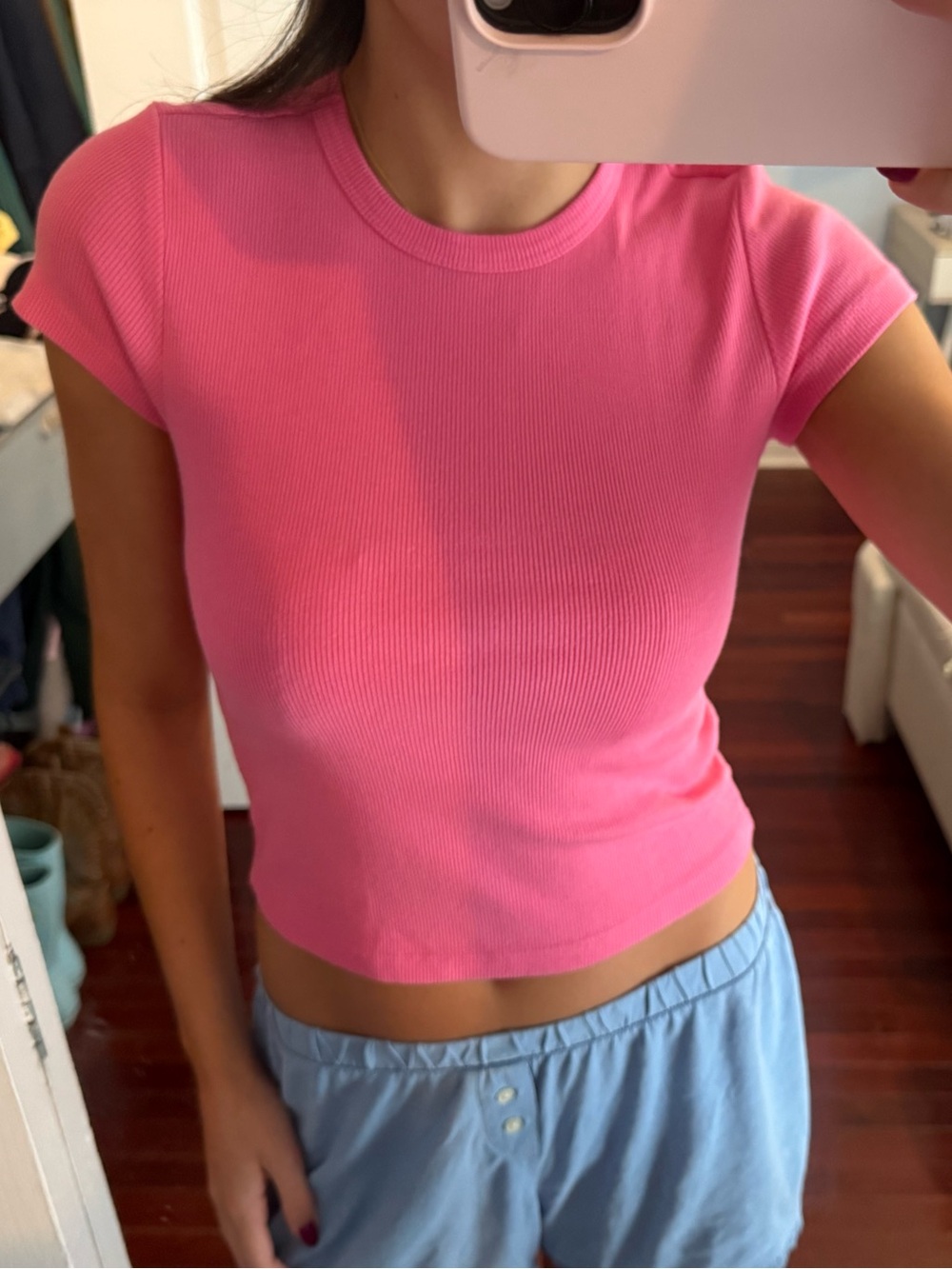 Maeve Hot Pink Ribbed Crop Tee